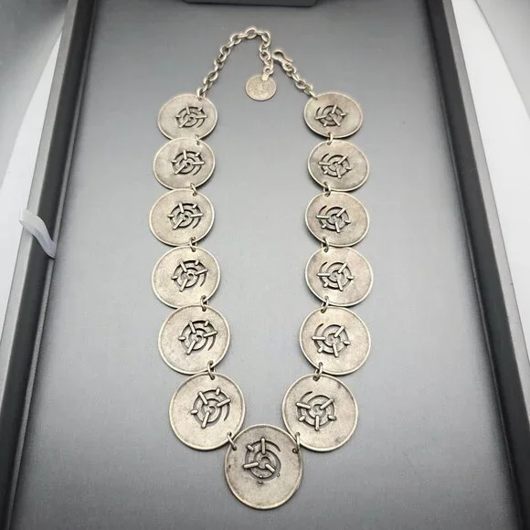 VTG Swirl Disc Medallion Statement Necklace 16" Antique Silver-Plate Adjustable - Picture 6 of 13